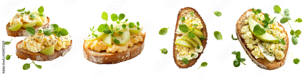 Openfaced sandwiches with scrambled eggs pear and fresh herbs. Openfaced sandwiches with scrambled eggs pear and fresh herbs.
