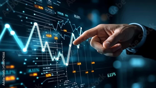 A hand points to fluctuating chart on digital screen, with charts displaying various data points. This illustrates stock market analysis, investment strategies, , focus on financial insights.