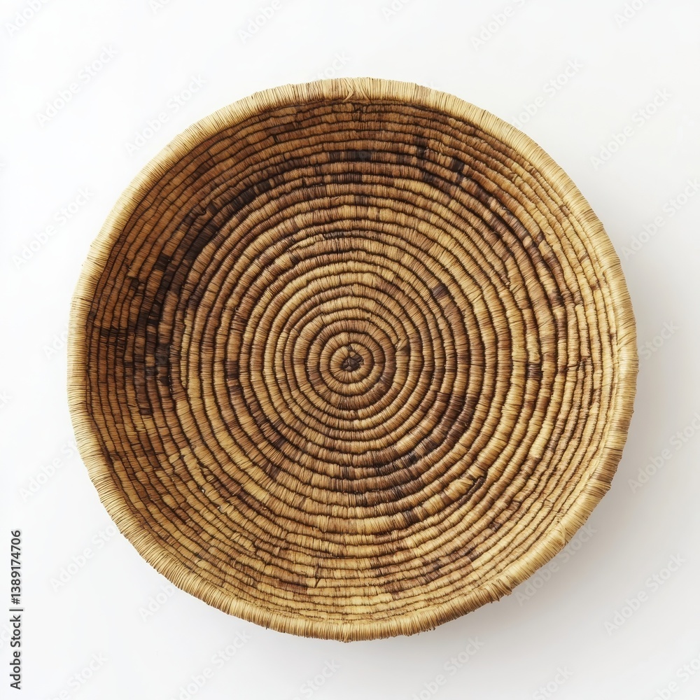 Naklejka premium Handmade circular basket with intricate woven pattern isolated on white background