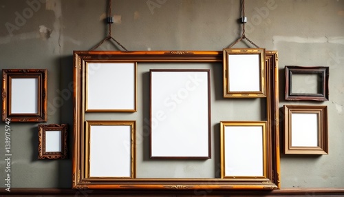 Empty vintage photo frames hanging on a wall; ready for your photos,  graphic, copy space
