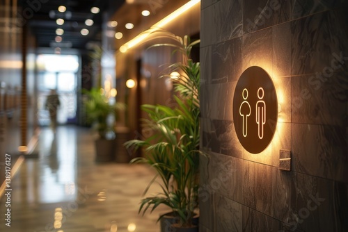 Wooden illuminated toilet sign showing gender direction to women's and men's restroom in hotel or restaurant corridor