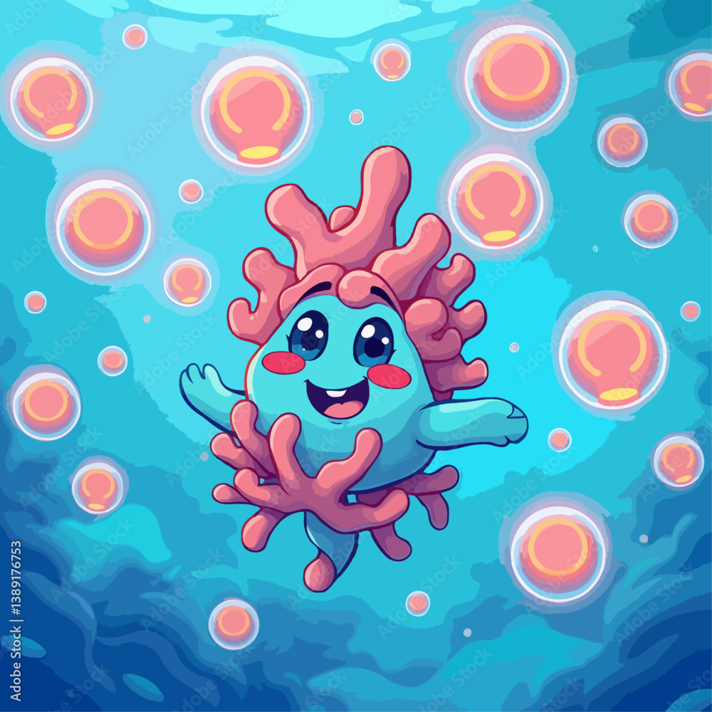 Fototapeta premium coral with bubbles and happy face, underwater mascot design, high quality vector art