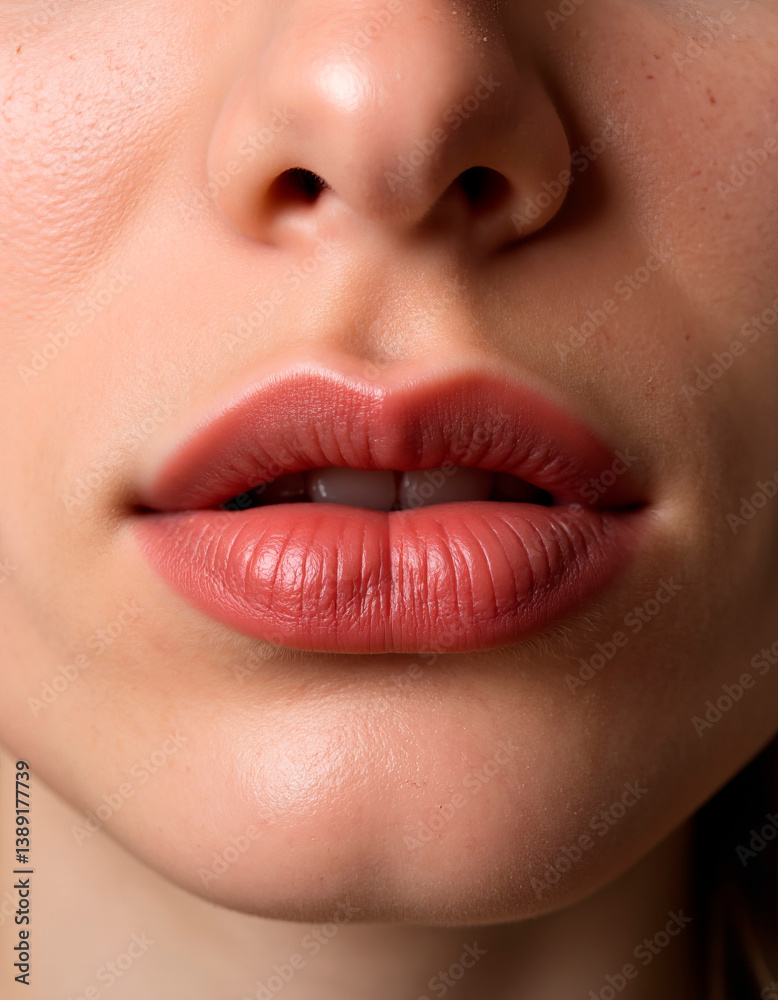 Naklejka premium A woman's lips stand out with a natural hue and smooth texture. The photograph emphasizes their shape and subtle color, ideal for beauty inspiration or makeup artistry.
