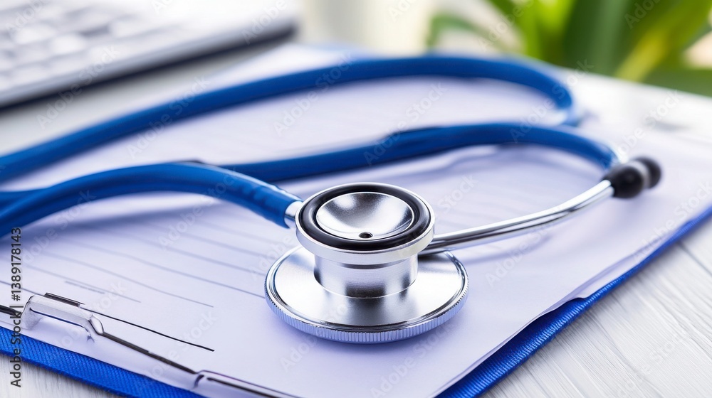 Stethoscope on Notepad with Keyboard in Background for Medical Themes Stethoscope on Notepad with Keyboard in Background for Medical Themes