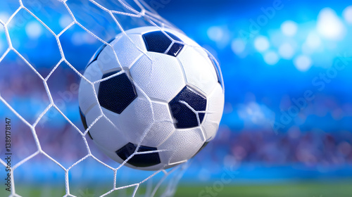 A soccer ball flying into the goal on a soccer field, capturing the excitement and triumph of the game.
