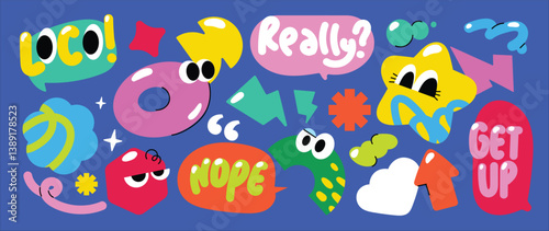 Set of colorful funny shape element vector. Collection of cartoon characters, cute doodle dawn, geometric, speech bubble with fun eye. Design for decorative, sticker, toys and kids.