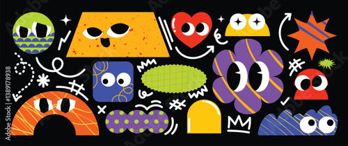 Set of colorful funny shape element vector. Collection of cartoon characters, cute doodle dawn, geometric, speech bubble with fun eye. Design for decorative, sticker, toys and kids.