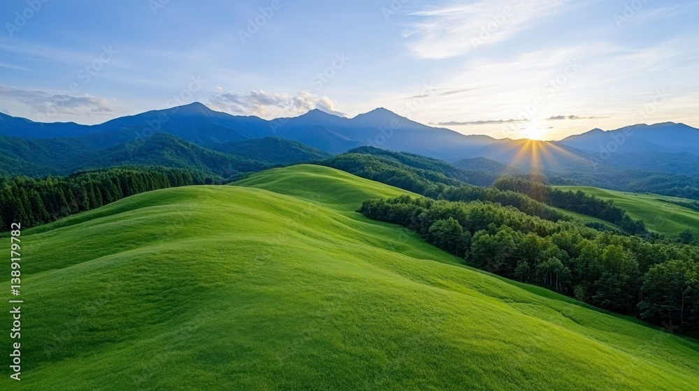 Fototapeta premium Serene Landscape with Rolling Green Hills and Majestic Mountains