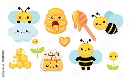 Cute bee and honey character clipart collection