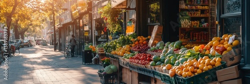 Colorful fruit and vegetable display at a corner grocery store on a lively city street during golden hour