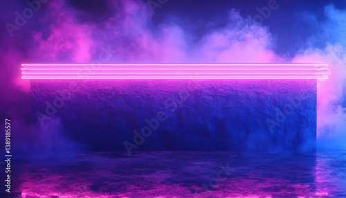 A deep royal blue neon bar glowing through a light mist.