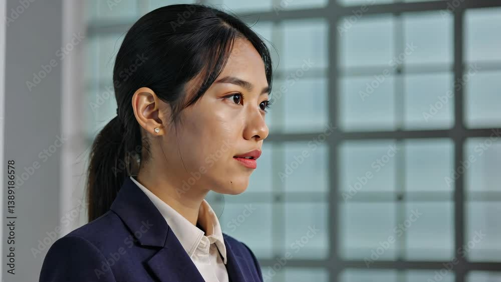 Pensive young professional woman in navy suit thoughtfully looking into the distance by a window in modern office setting. Pensive young professional woman in navy suit thoughtfully looking into the distance by a window in modern office setting.