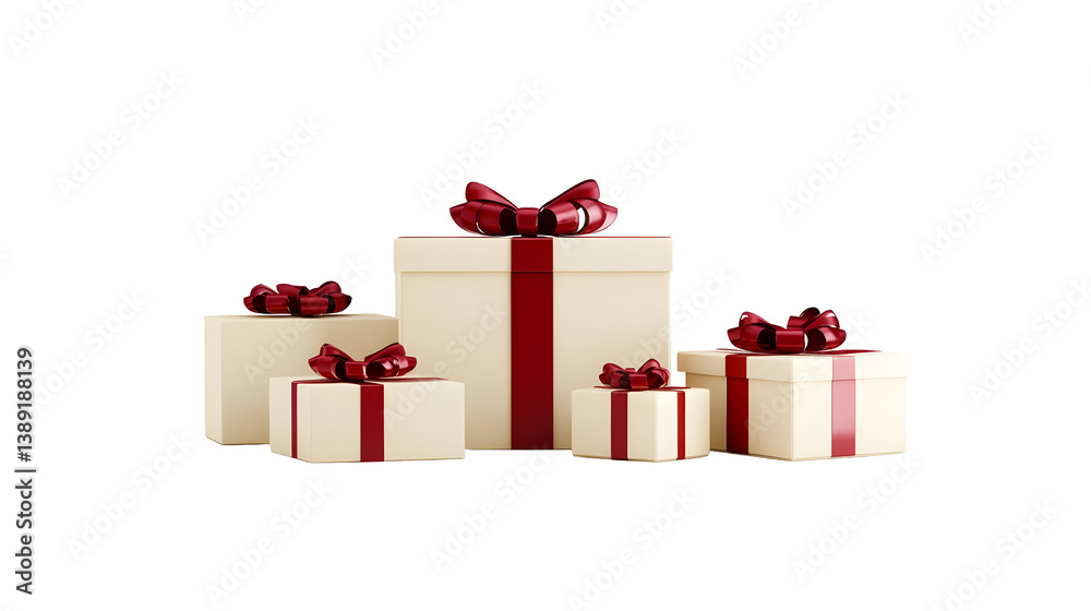 Obraz premium Isolated 3D Illustration Of Beige Gift Boxes With Red Ribbons On Black