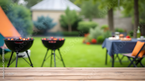  Summer backyard BBQ with wooden table and grill