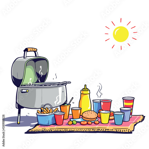 Vsai barbecue grilling food on a sunny day with burgers, french fries and drinks