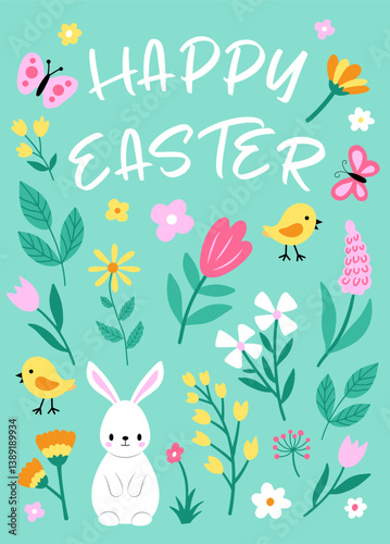 Easter card with cute bunnies and flowers. Can be used for invitations and greetings.