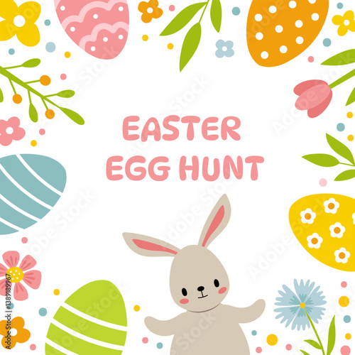 Cute Easter poster, egg hunt. Design for holiday flyers and banners.