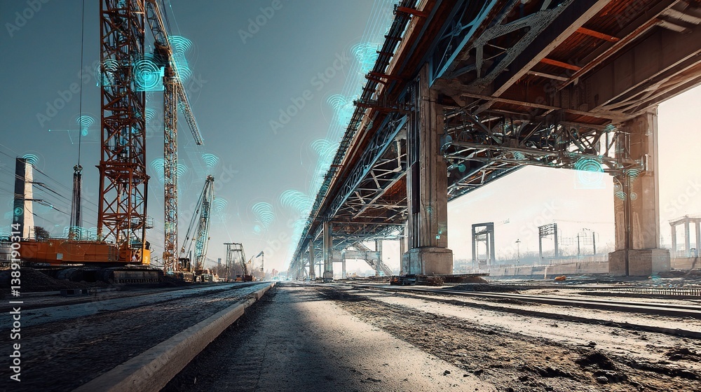 Fototapeta premium Construction Site with Bridge Framework and Cranes at Sunrise