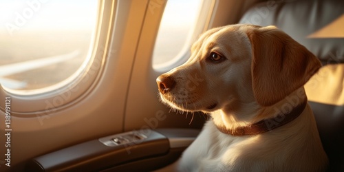 Golden retriever dog, near the window on the plane. Happy dog ​​sitting can see out the window