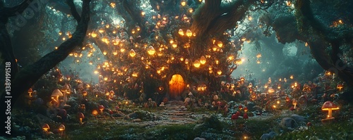Enchanted forest scene with glowing lights, whimsical ambiance, nature backdrop, and fantasy theme for imaginative purposes