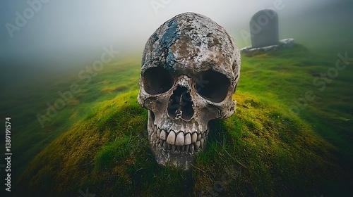 A weathered skull emerges from the green grassy ground dramatically