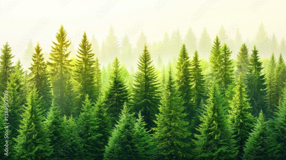 Fototapeta premium Lush Green Coniferous Forest In Misty Sunlight