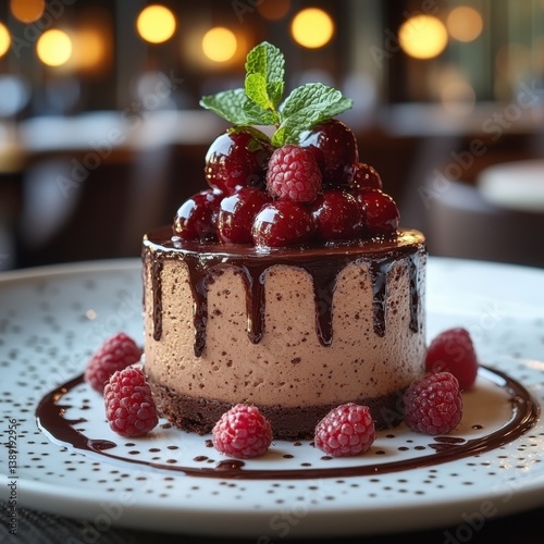 Chocolate raspberry cake with mint topping