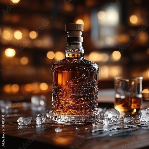 Whiskey bottle and glasses on rustic bar table