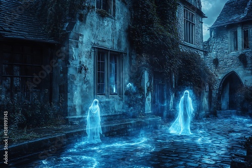 Spectral apparitions haunt cobblestone street in an old village, under a darkened sky, possibly used for Halloween photo
