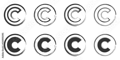 Set of grunge-style copyright icons with scratched texture.