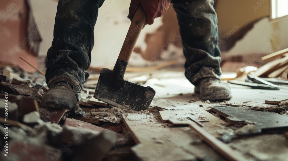 A Hispanic construction worker using a crowbar to remove old flooring. Featuring strength and precision A Hispanic construction worker using a crowbar to remove old flooring. Featuring strength and precision