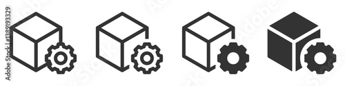 Cubic box with gear wheel icons for process or system design.