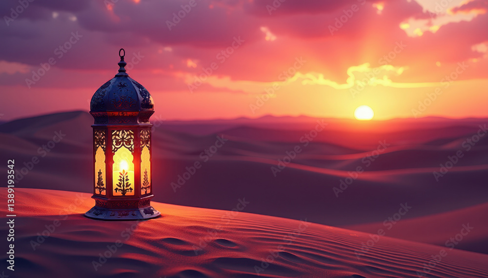 Obraz premium Ornate Arabic Lantern on Desert Dune at Sunset