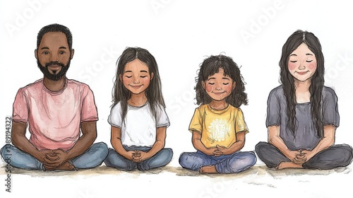 Diverse Group of Children and Adult Practicing Mindfulness Meditation