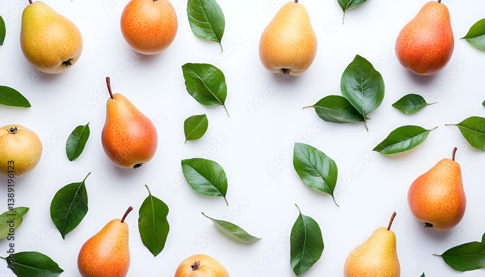 Obraz premium Fresh pears and green leaves on white background