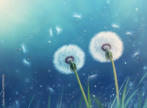 Two dandelions on a blue background