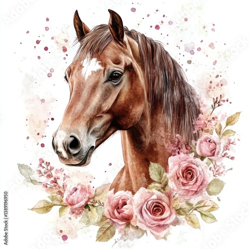 A watercolor painting depicting a graceful horse and pink roses