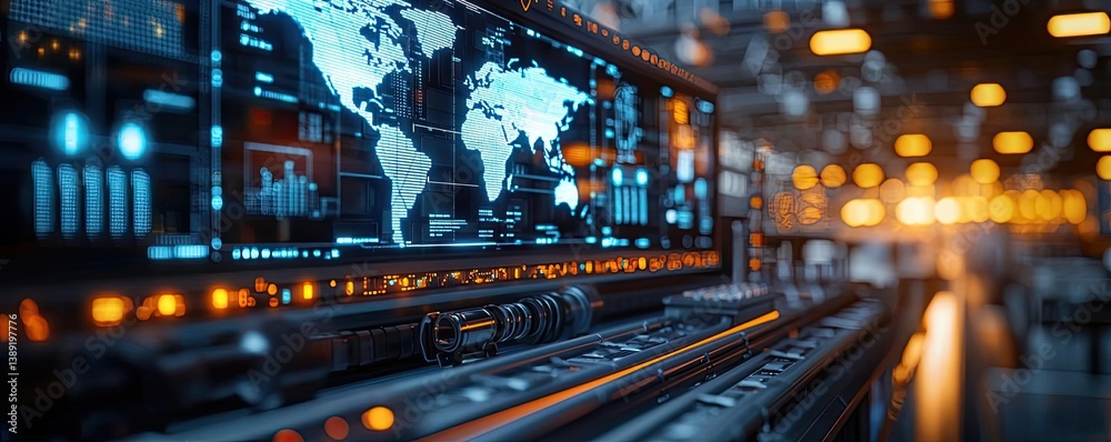 Obraz premium Cargo ship in global shipping and transportation logistic concept. Futuristic interface with global map and advanced tech displays.