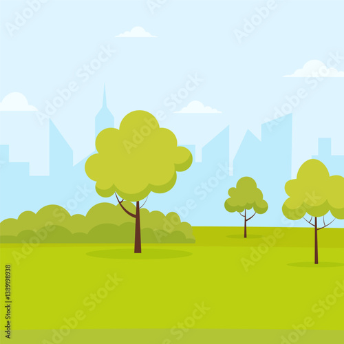 Bright green park landscape in a city skyline during a sunny day