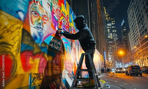 Urban street artist creating vibrant mural at night in bustling cityscape with skyscrapers