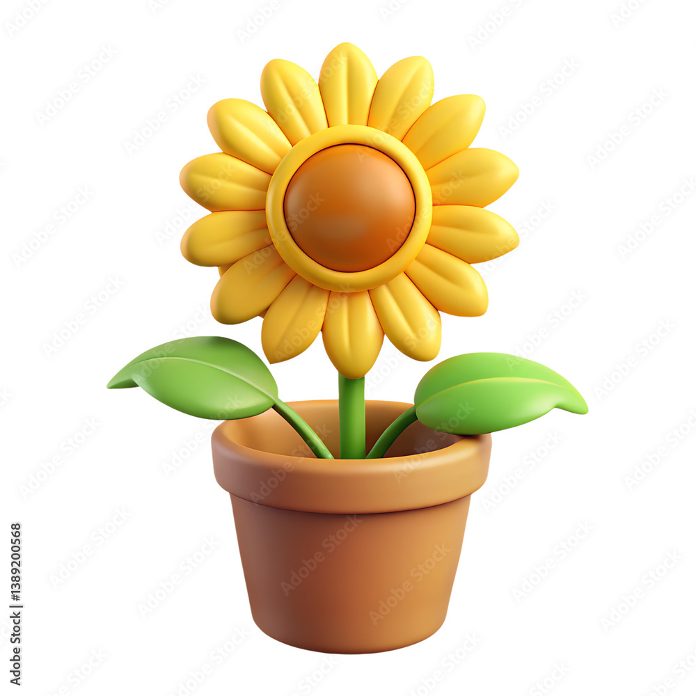 Obraz premium Sunflower in a pot. Cartoon plastic style icon 3d rendering isolated on white background, png.