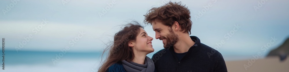 A couple is standing on a beach, smiling at each other. The man has a beard and the woman has long hair. Scene is happy and romantic A couple is standing on a beach, smiling at each other. The man has a beard and the woman has long hair. Scene is happy and romantic