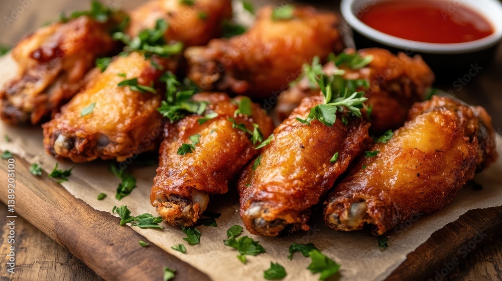 Crispy fried chicken wings, parsley garnish, and dipping sauce on wood. Perfect for pub menus, game day ads, or food blog illustrations.
