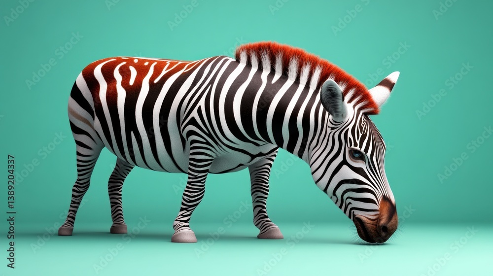 Fototapeta premium Zebra with red mane on teal background