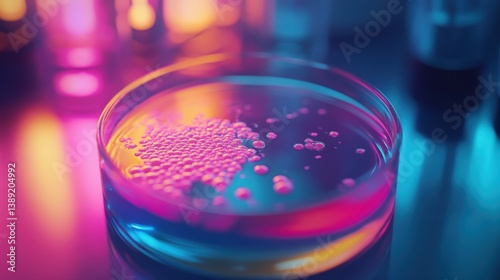 Vibrant bioluminescence in petri dish with colorful bokeh background