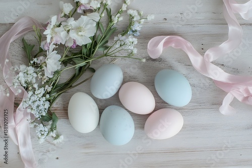 Pastel-colored Easter eggs arranged on a weathered wooden surface alongside delicate flowers and a flowing pink ribbon
