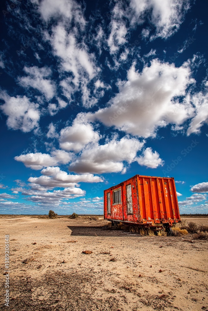 Obraz premium A weathered cargo container sits under a vast sky, rust showing its age - vast blue sky exterior