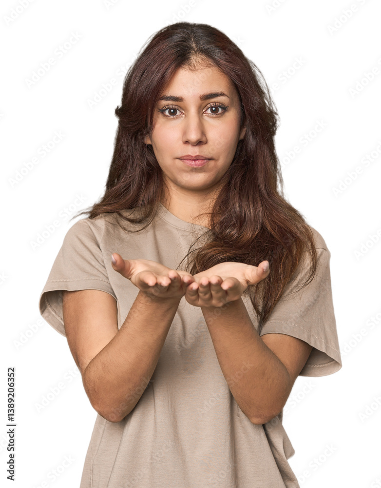 Naklejka premium Middle Eastern woman in studio holding something with palms, offering to camera.