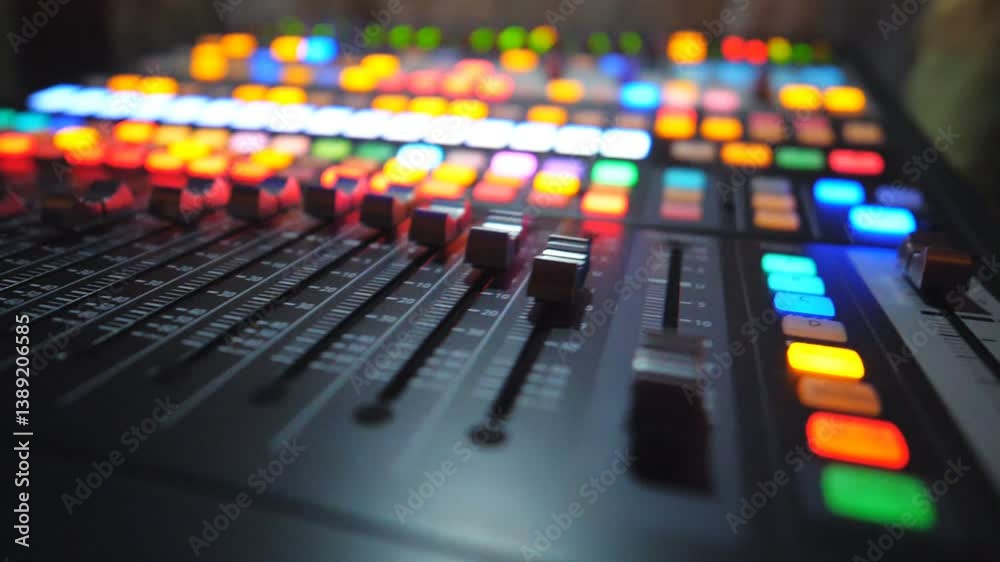 Close up of moving buttons on dj remote or soundboard. Professional sound equipment in recording studio. Blurred background with brightly glow keys. Musical player at night party. Dolly shot Close up of moving buttons on dj remote or soundboard. Professional sound equipment in recording studio. Blurred background with brightly glow keys. Musical player at night party. Dolly shot