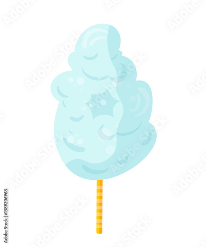 Fluffy cotton candy flat vector illustration. Delicious blue sugar cloud on stick. Traditional street fair, carnival food. Sweet snack isolated on transparent background.